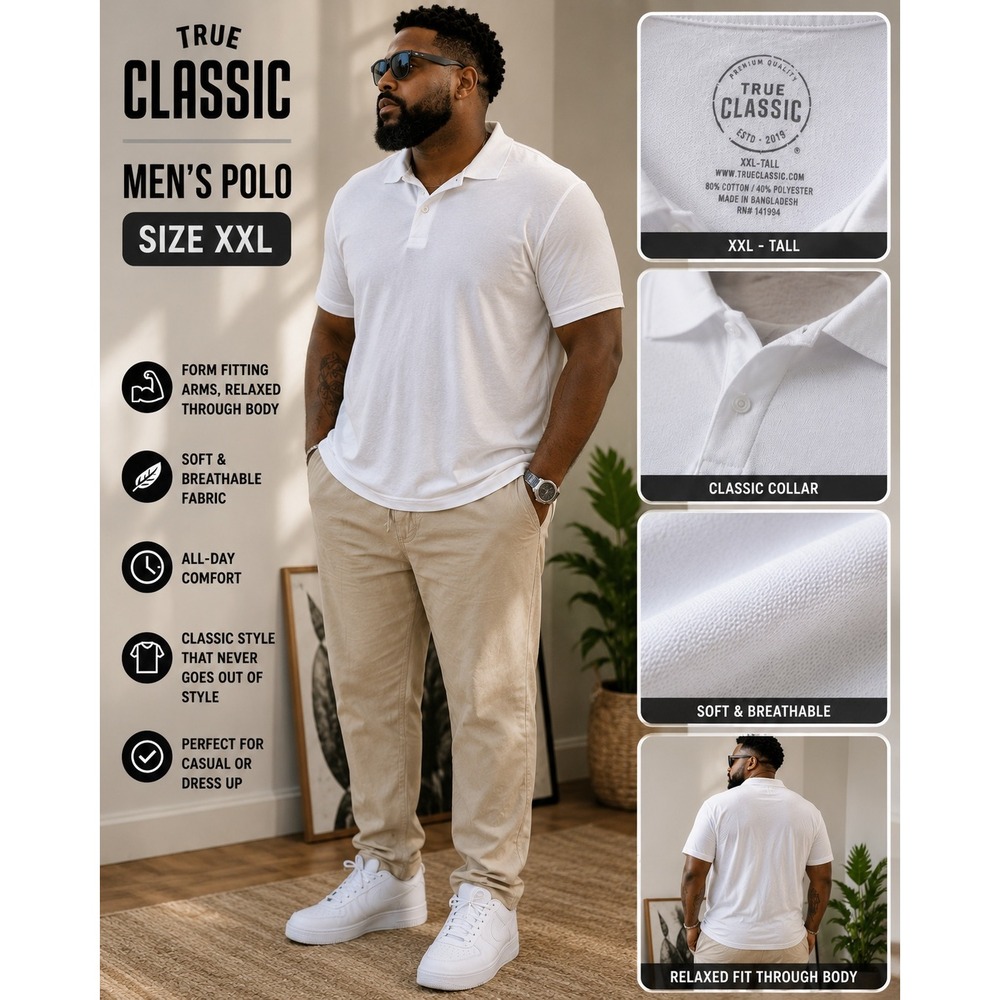 True Classic Mens Polo Shirt White XXL Tall Short Sleeve Cotton Blend Casual